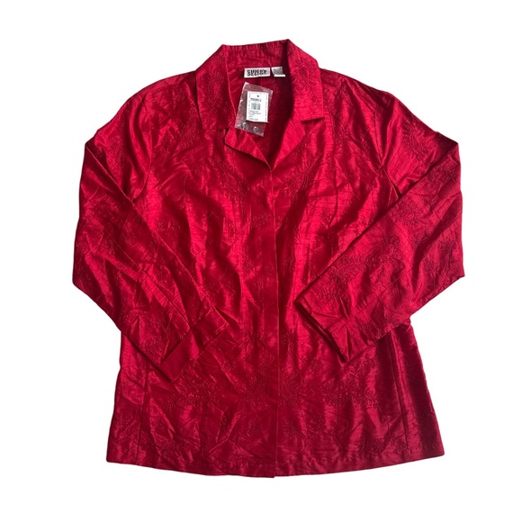 Chico's Tops - Chico’s Design Red Silk Boho Embroidered Button Down Shirt Blouse Holiday Size L